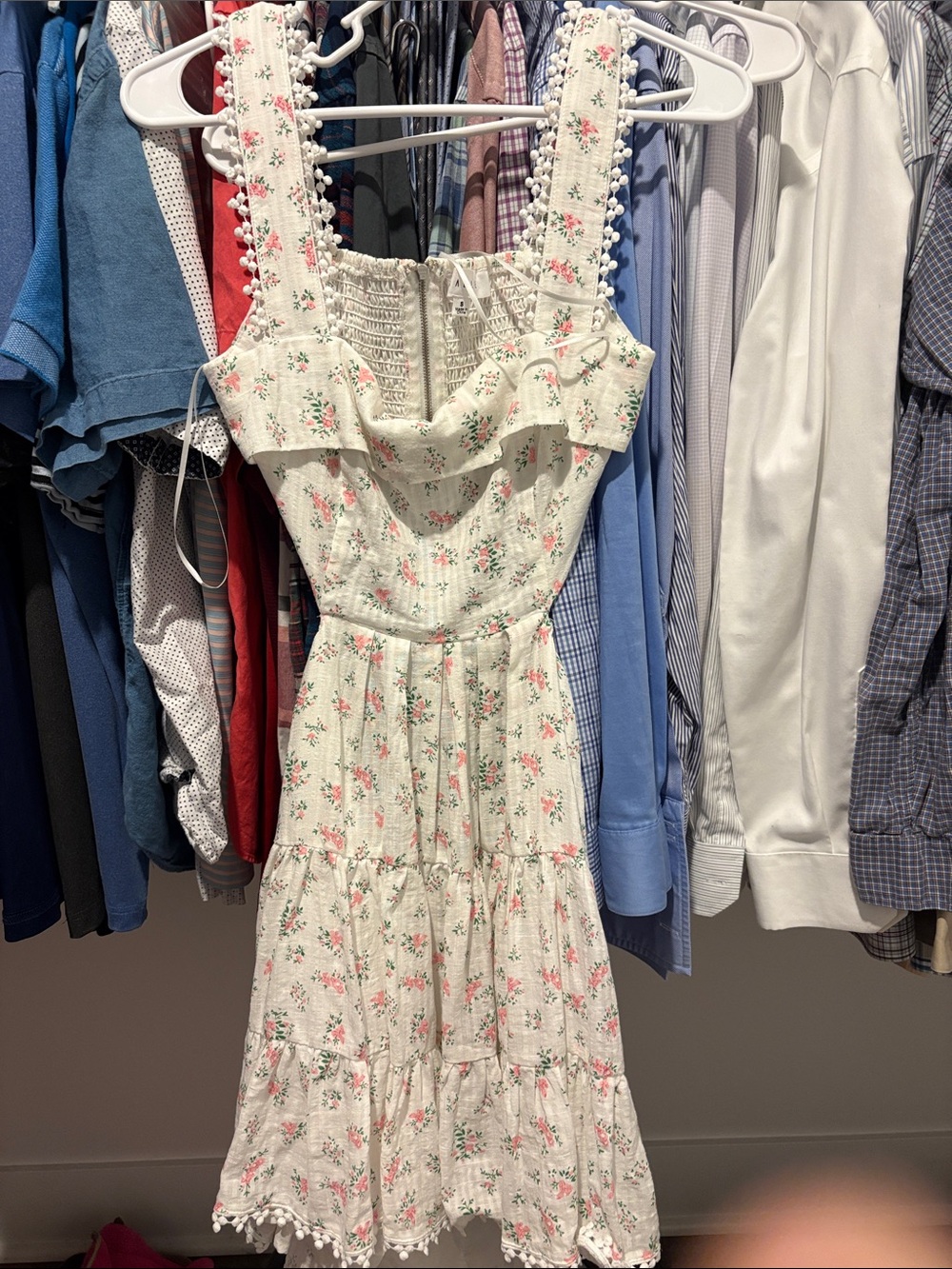 Cream Floral Midi Dress with Pink Print and Pom-Pom Trim